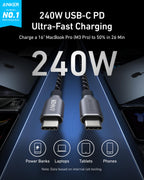 Anker Prime Charger (160W, 3 Ports, Smart Display) and Anker Prime USB-C to USB-C Cable (240W, Upcycled-Braided)