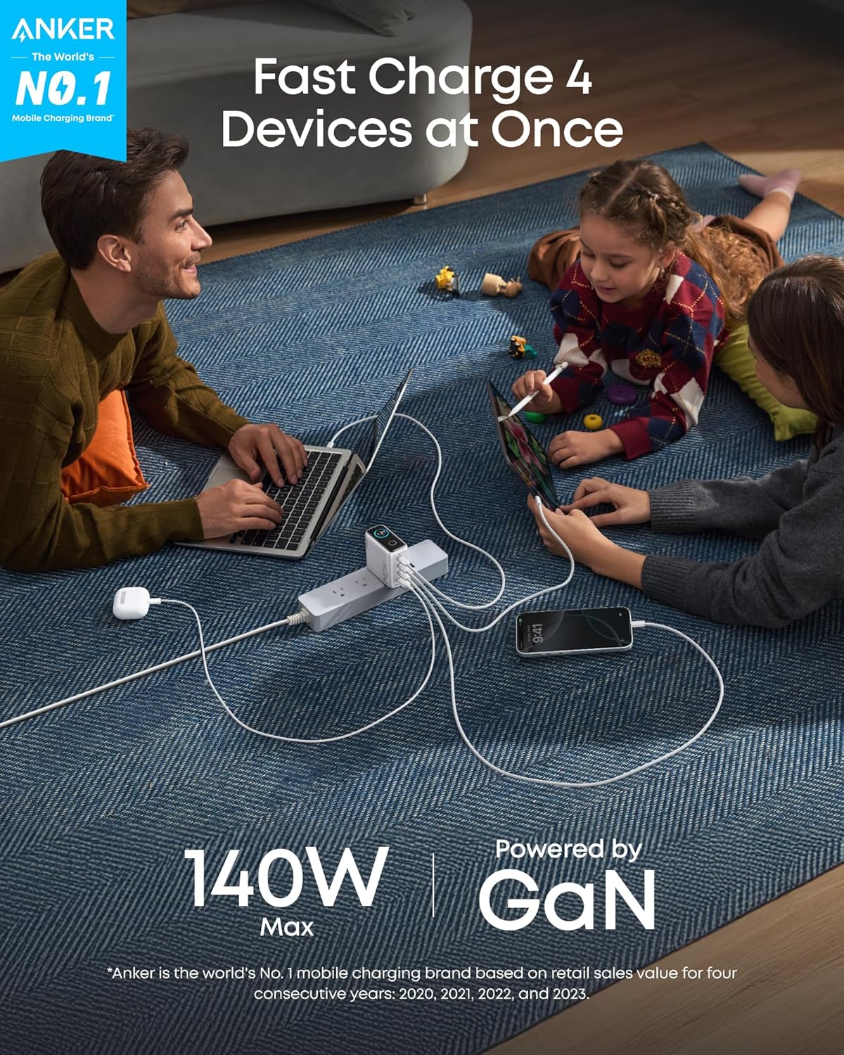 Anker Charger (140W, 4-Port, PD 3.1) with USB-C Cable and Anker USB-C to USB-C Cable (6 ft, 240W, Upcycled-Braided)