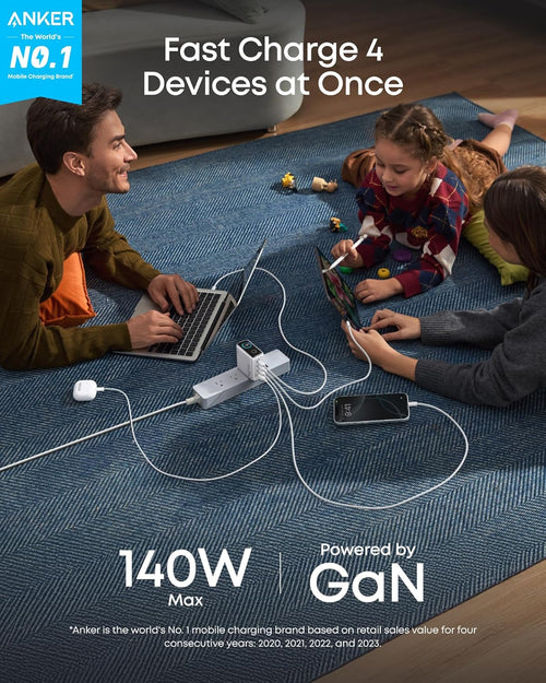 Anker Charger (140W, 4-Port, PD 3.1) with USB-C Cable and Anker USB-C to USB-C Cable (6 ft, 240W, Upcycled-Braided)
