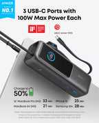 Anker Laptop Power Bank (25K, 165W, Built-In and Retractable Cables) and Anker Laptop Charger (140W, 4-Port, PD 3.1) with USB-C Cable and Anker Nano Power Bank (10K, 45W, Built-In Retractable USB-C Cable)