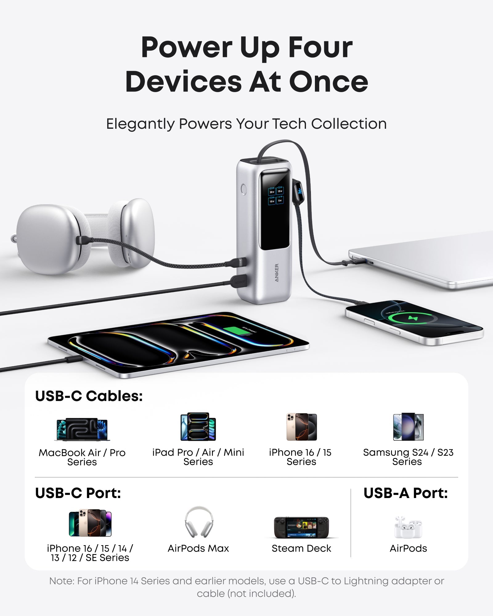 Anker Laptop Power Bank (25K, 165W, Built-In and Retractable Cables) and Anker Laptop Charger (140W, 4-Port, PD 3.1) with USB-C Cable and Anker Nano Power Bank (10K, 45W, Built-In Retractable USB-C Cable)