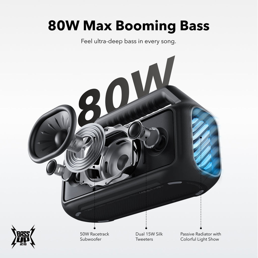 soundcore outdoor speaker with 80W booming bass and colorful light