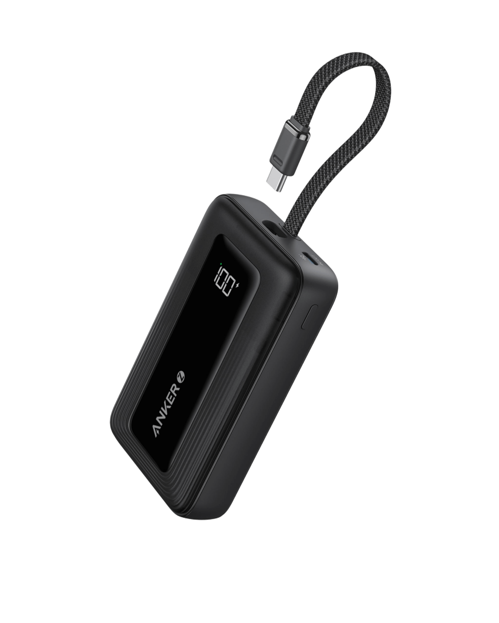 Anker with compact power bank, digital display showing 100