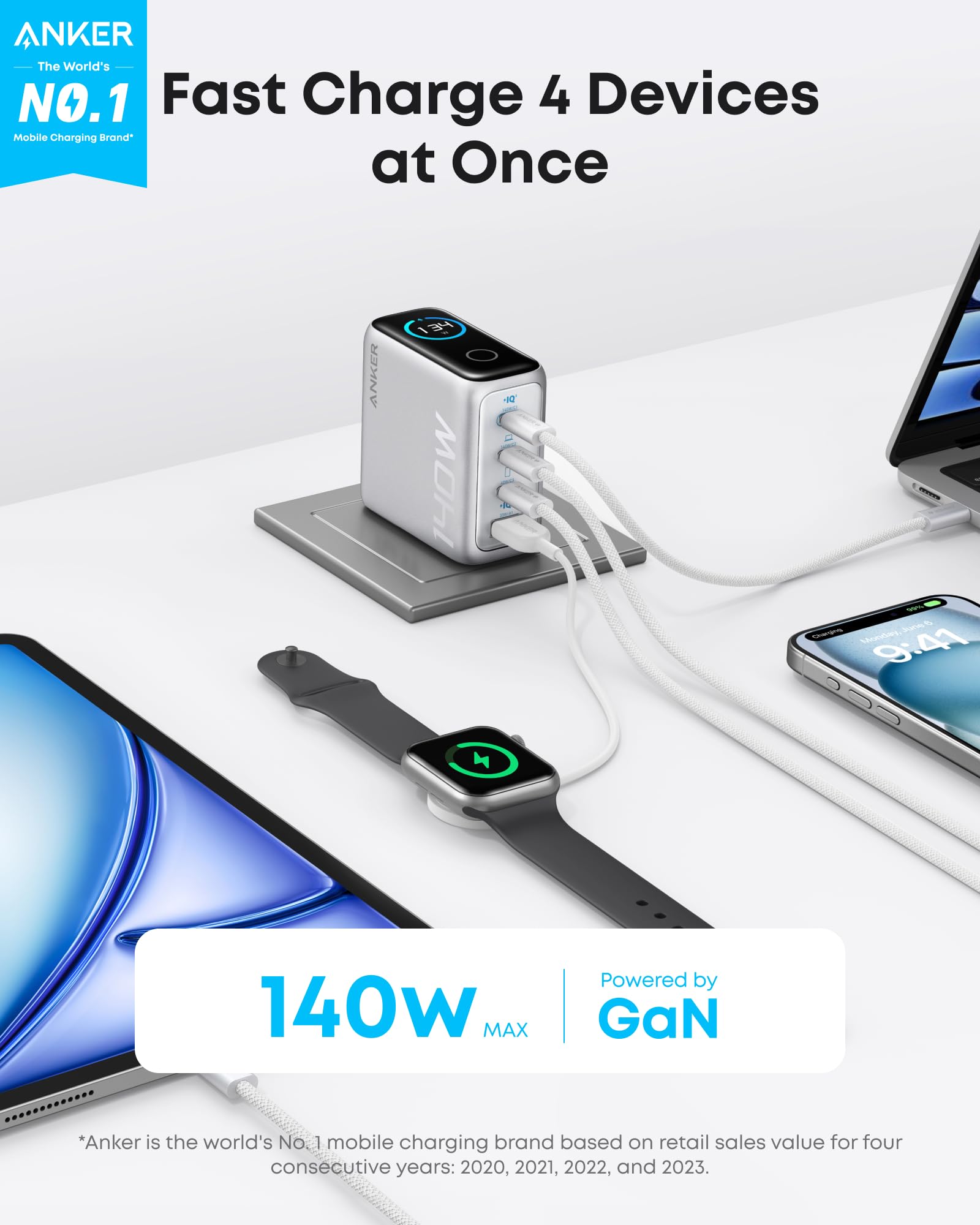 Anker 140W GaN charger powering phone, watch, tablet, laptop